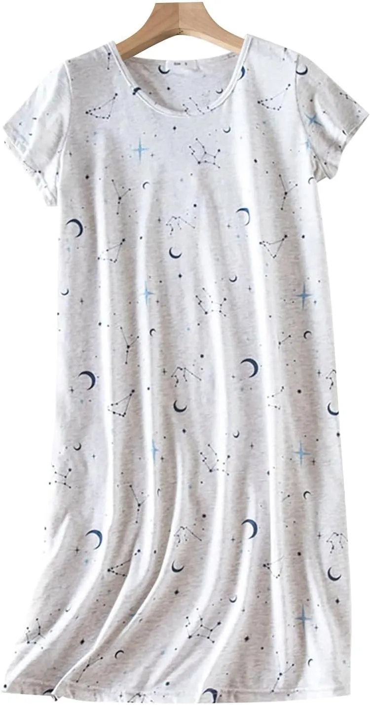 Womens Nightgown Cotton Sleepwear Plus Size Sleep Shirt Short Sleeve Nightshirt Print Sleepshirt Night Gown for Women