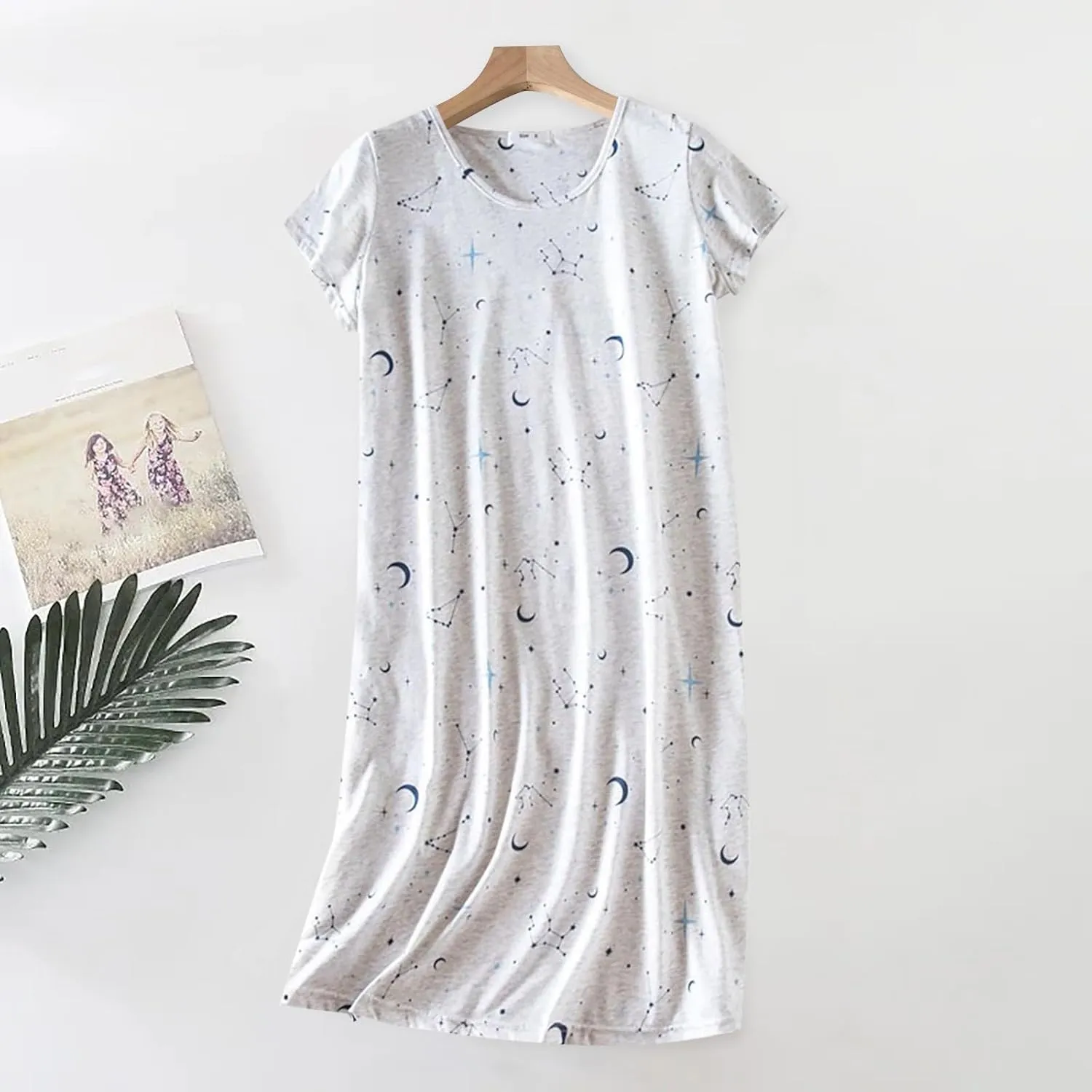 Womens Nightgown Cotton Sleepwear Plus Size Sleep Shirt Short Sleeve Nightshirt Print Sleepshirt Night Gown for Women