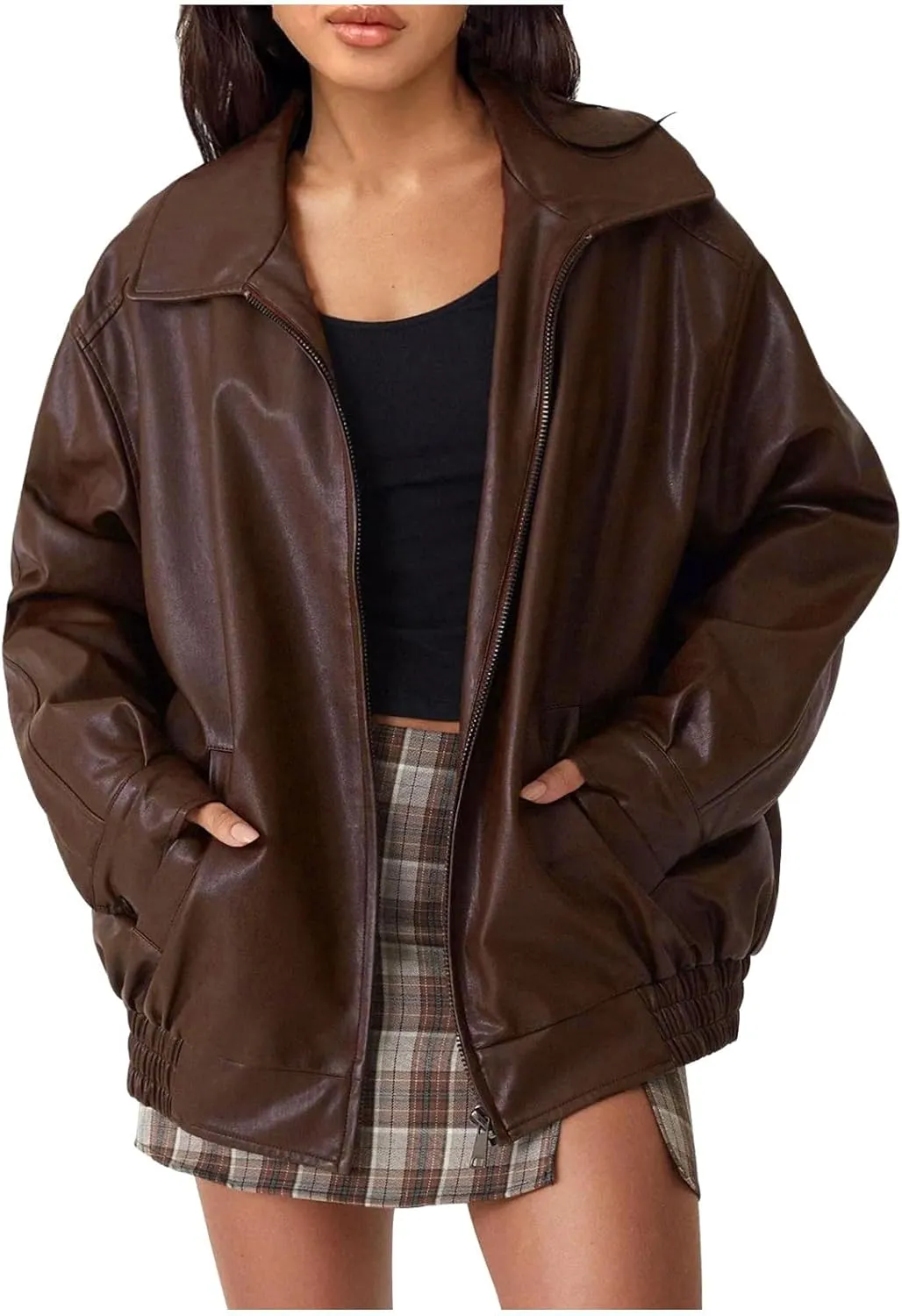 Women's Oversized Jackets, Leather Faux Plus Size Moto Biker Coat Zipper Motorcycle Windbreaker Fashion Lapel Cardigan