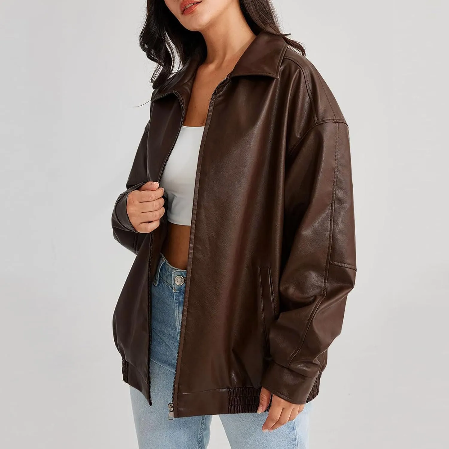 Women's Oversized Jackets, Leather Faux Plus Size Moto Biker Coat Zipper Motorcycle Windbreaker Fashion Lapel Cardigan
