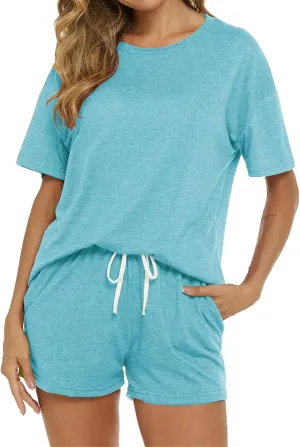 Women's Pajama Set Soft Comfy Casual Stretch Loungewear Short Sleeve Top T Shirts Drawstring Shorts Sleepwear Outfits