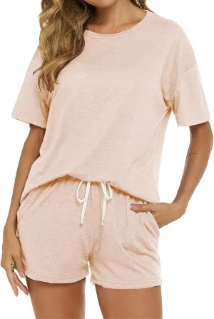 Women's Pajama Set Soft Comfy Casual Stretch Loungewear Short Sleeve Top T Shirts Drawstring Shorts Sleepwear Outfits