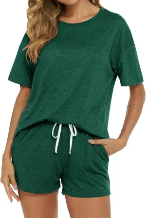 Women's Pajama Set Soft Comfy Casual Stretch Loungewear Short Sleeve Top T Shirts Drawstring Shorts Sleepwear Outfits