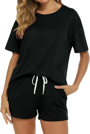 Women's Pajama Set Soft Comfy Casual Stretch Loungewear Short Sleeve Top T Shirts Drawstring Shorts Sleepwear Outfits
