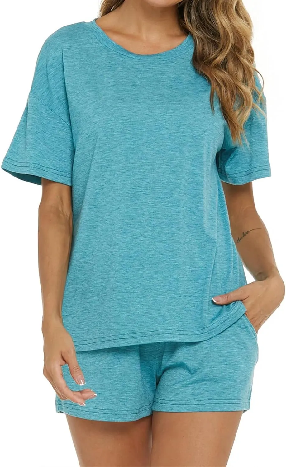 Women's Pajama Set Soft Comfy Casual Stretch Loungewear Short Sleeve Top T Shirts Drawstring Shorts Sleepwear Outfits