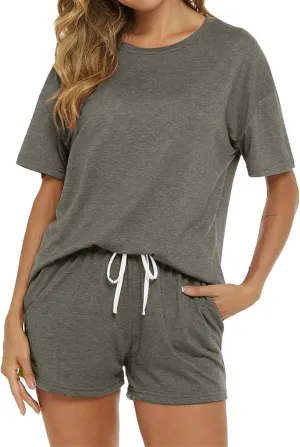 Women's Pajama Set Soft Comfy Casual Stretch Loungewear Short Sleeve Top T Shirts Drawstring Shorts Sleepwear Outfits