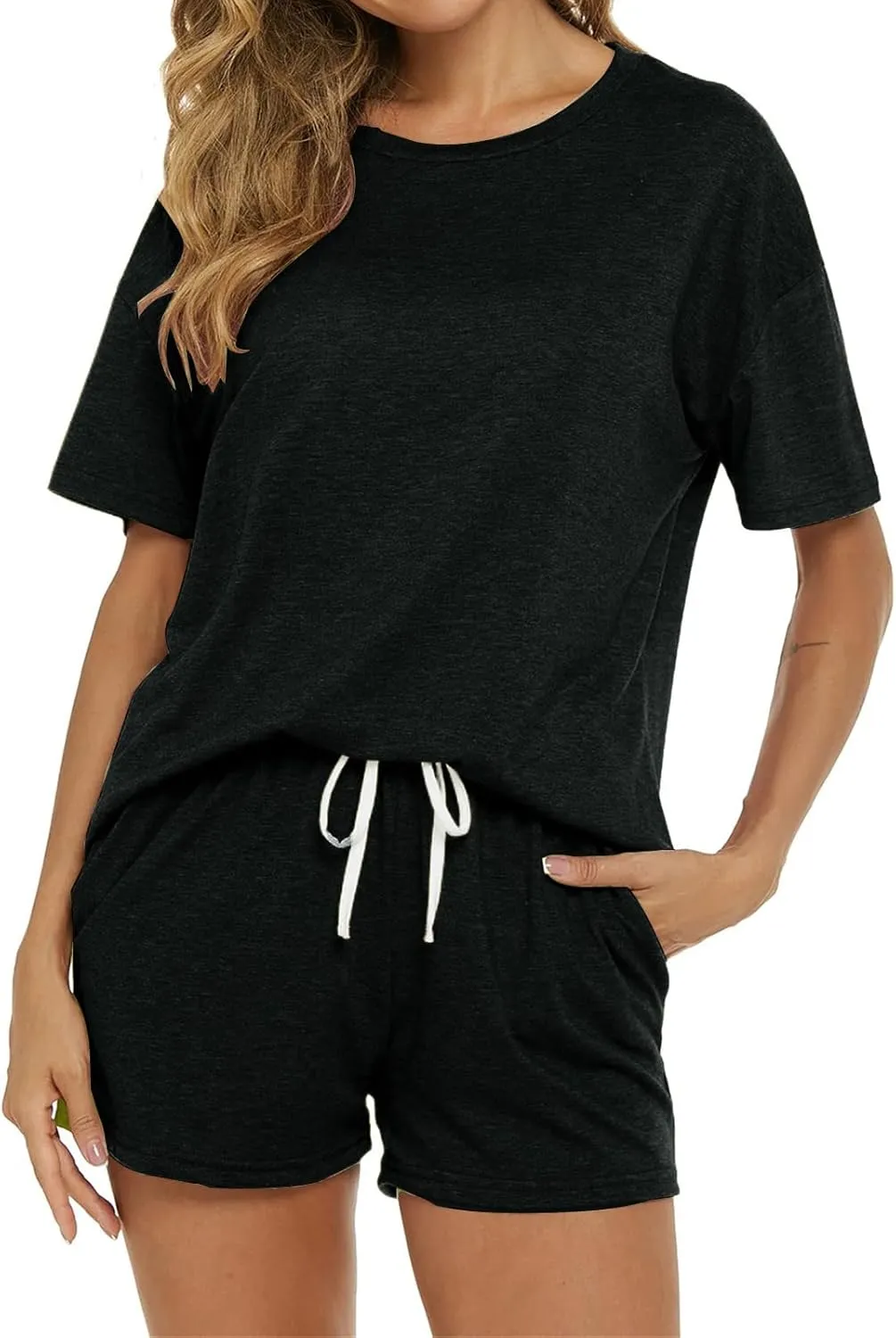 Women's Pajama Set Soft Comfy Casual Stretch Loungewear Short Sleeve Top T Shirts Drawstring Shorts Sleepwear Outfits