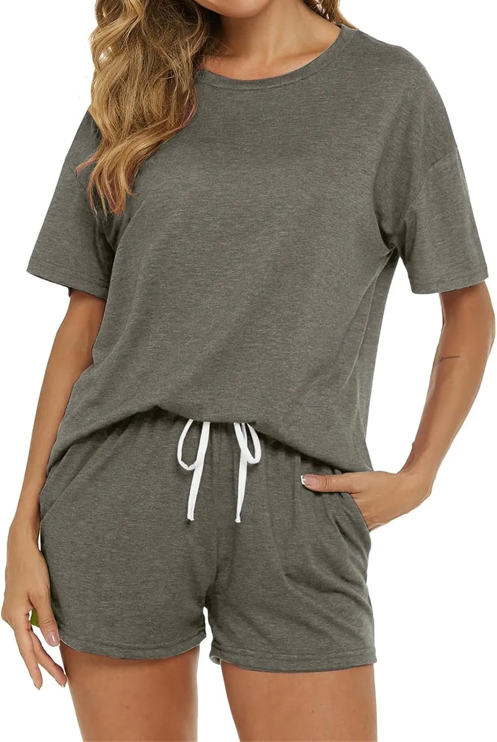 Women's Pajama Set Soft Comfy Casual Stretch Loungewear Short Sleeve Top T Shirts Drawstring Shorts Sleepwear Outfits