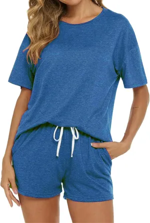 Women's Pajama Set Soft Comfy Casual Stretch Loungewear Short Sleeve Top T Shirts Drawstring Shorts Sleepwear Outfits