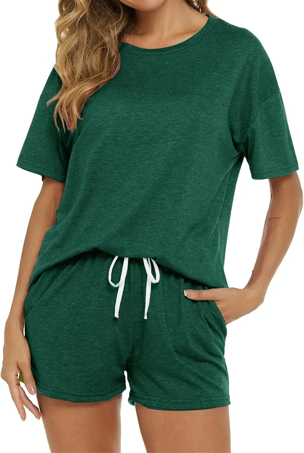 Women's Pajama Set Soft Comfy Casual Stretch Loungewear Short Sleeve Top T Shirts Drawstring Shorts Sleepwear Outfits