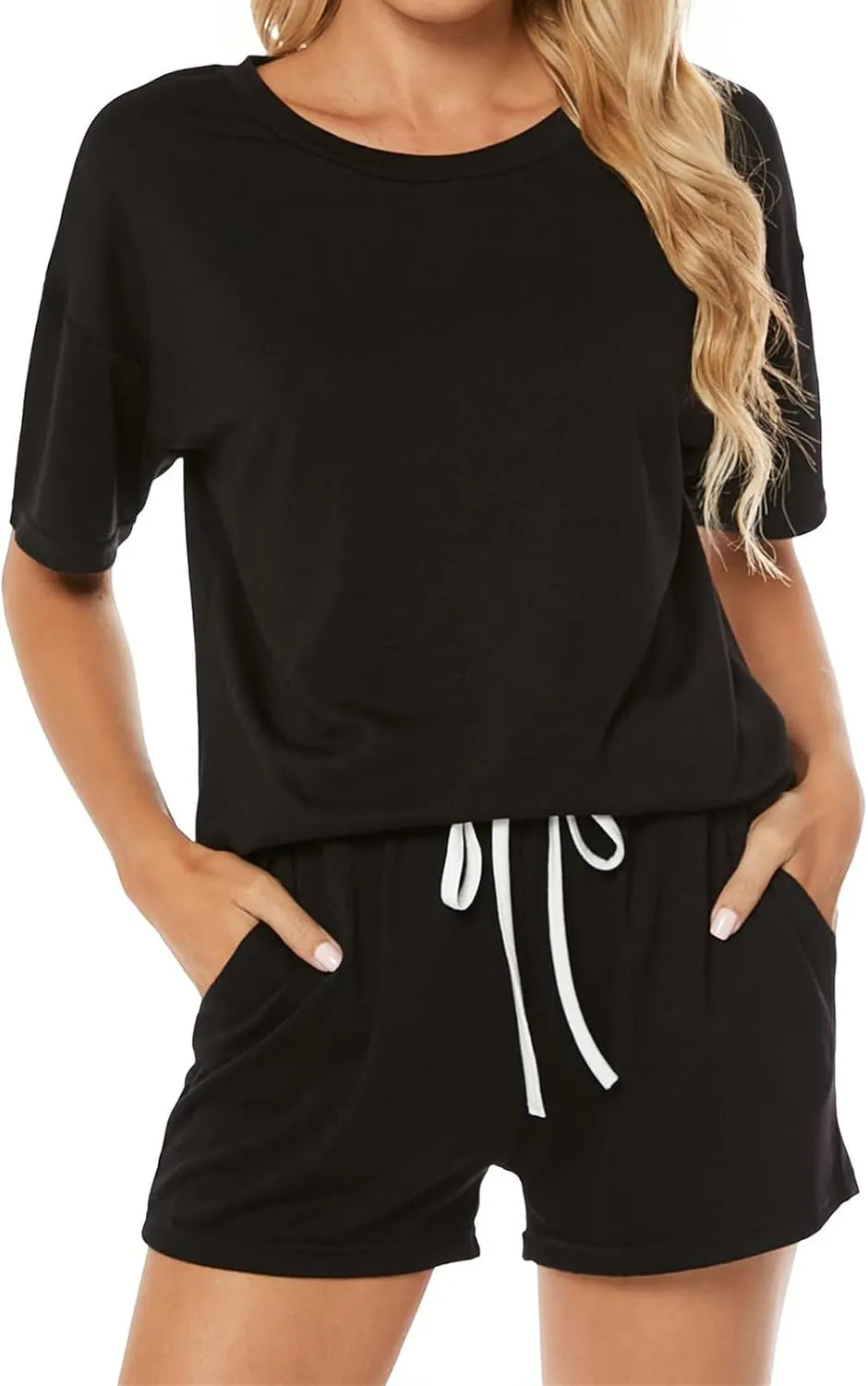 Women's Pajama Set Soft Comfy Casual Stretch Loungewear Short Sleeve Top T Shirts Drawstring Shorts Sleepwear Outfits