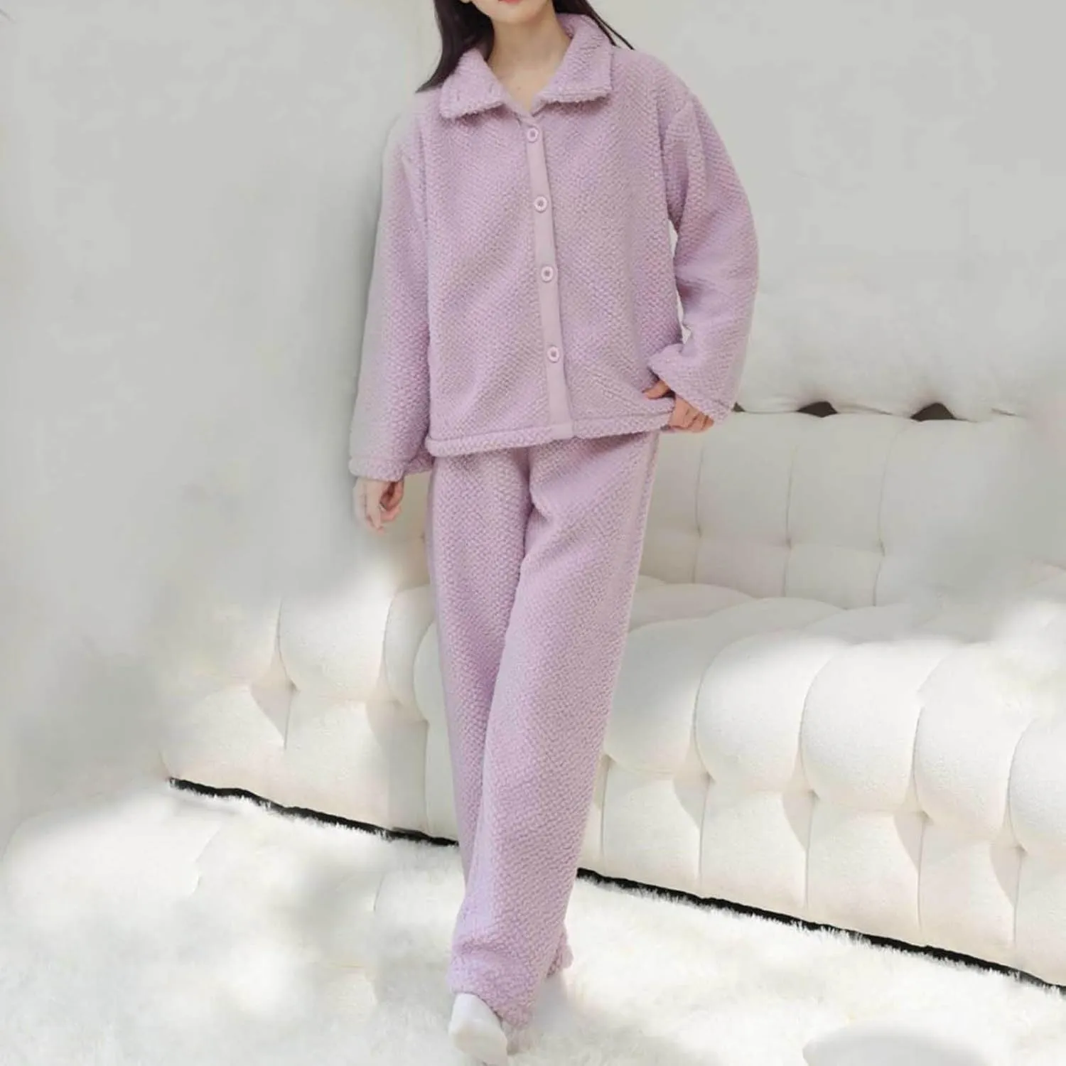 Women's Pajama Sets Fuzzy Fleece Pjs Set Button Up Shirts and Pajamas Pants Warm Winter Lounge Set Plush Sleepwear