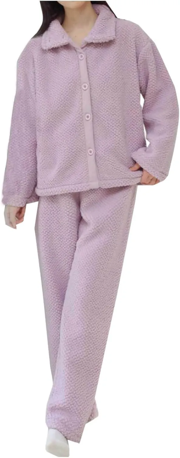 Women's Pajama Sets Fuzzy Fleece Pjs Set Button Up Shirts and Pajamas Pants Warm Winter Lounge Set Plush Sleepwear