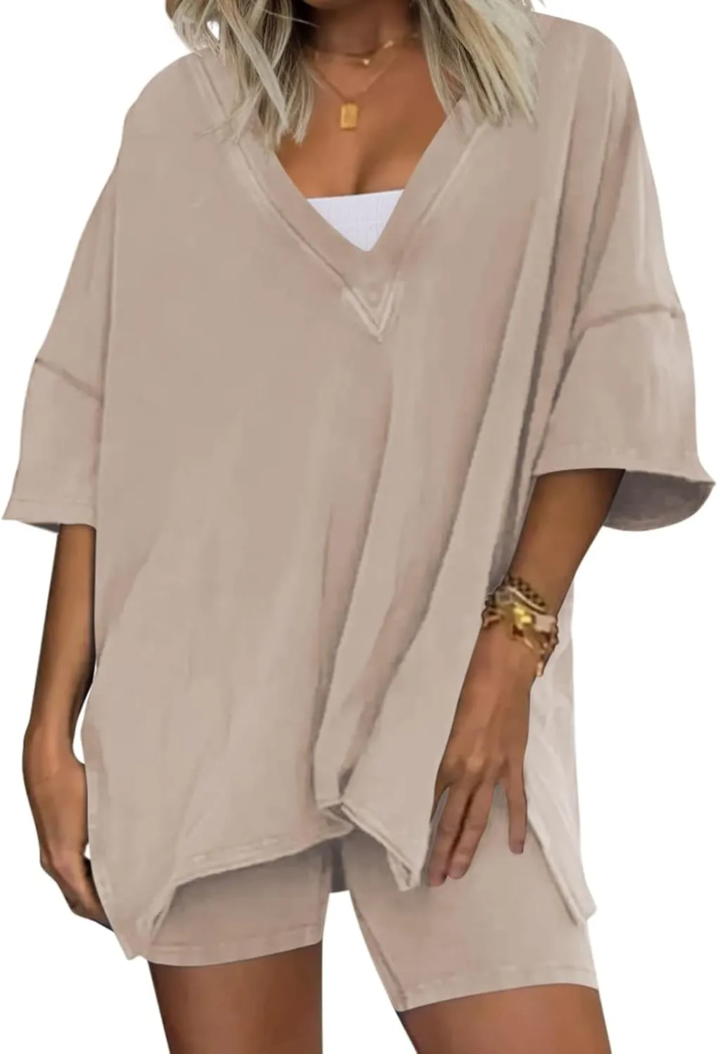 Womens Pajamas 2 Piece Lounge Sets Outfits Loose Fit Casual V Neck Tshirts Elastic Waist Shorts Tracksuit