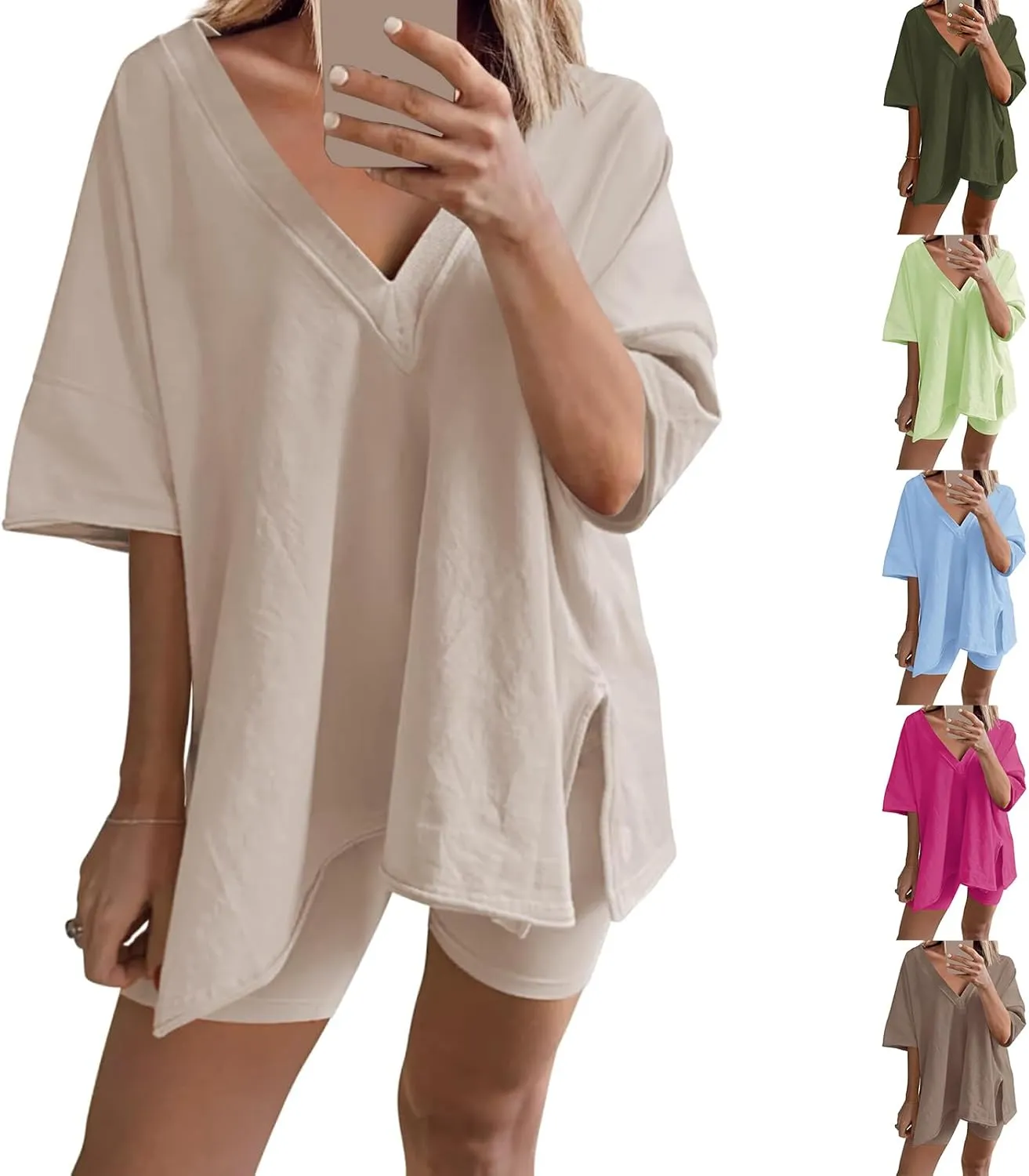 Womens Pajamas 2 Piece Lounge Sets Outfits Loose Fit Casual V Neck Tshirts Elastic Waist Shorts Tracksuit