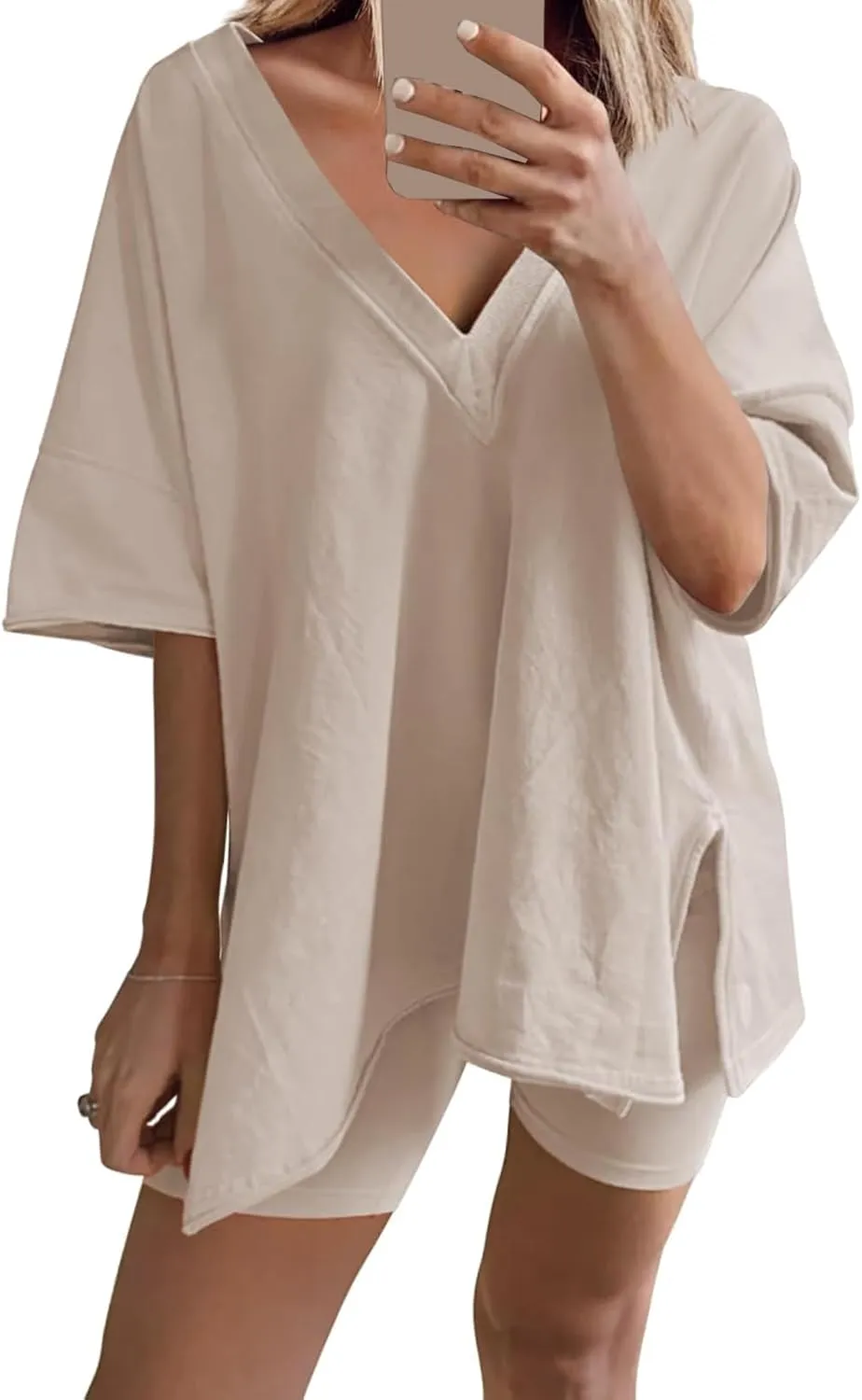 Womens Pajamas 2 Piece Lounge Sets Outfits Loose Fit Casual V Neck Tshirts Elastic Waist Shorts Tracksuit