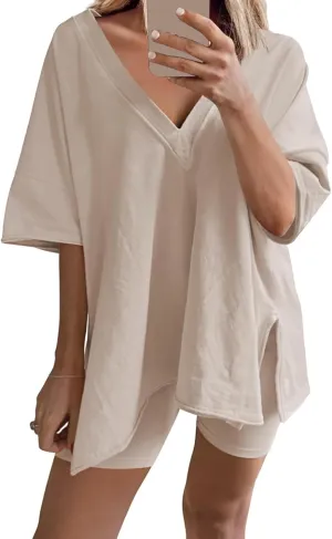 Womens Pajamas 2 Piece Lounge Sets Outfits Loose Fit Casual V Neck Tshirts Elastic Waist Shorts Tracksuit