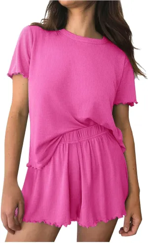 Womens Pajamas 2 Piece Ribbed Knit Pjs Short Sleeve Tops and Shorts Sleepwear Set Soft Pajamas Set Casual Loungewear