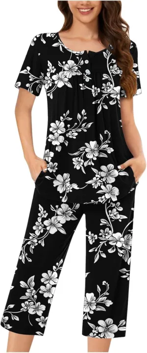 Women's Pajamas Set Short Sleeve Tops With Capri Pants Floral Print Pjs Lounge & Sleepwear Summer 2 Piece Lounge Set