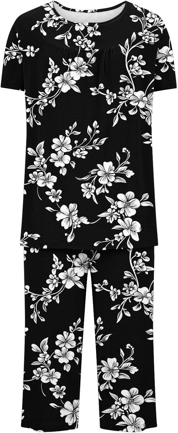 Women's Pajamas Set Short Sleeve Tops With Capri Pants Floral Print Pjs Lounge & Sleepwear Summer 2 Piece Lounge Set