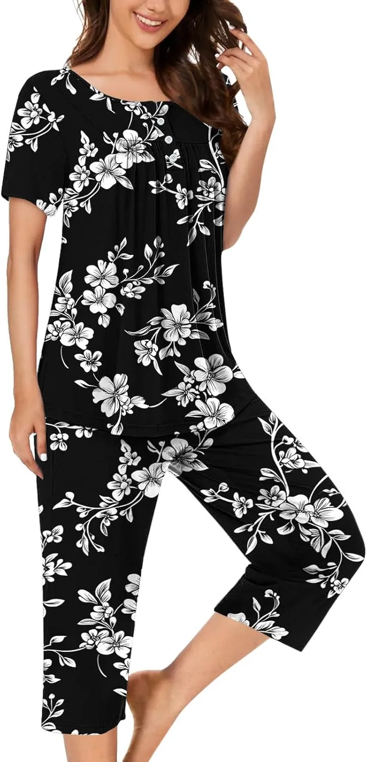 Women's Pajamas Set Short Sleeve Tops With Capri Pants Floral Print Pjs Lounge & Sleepwear Summer 2 Piece Lounge Set