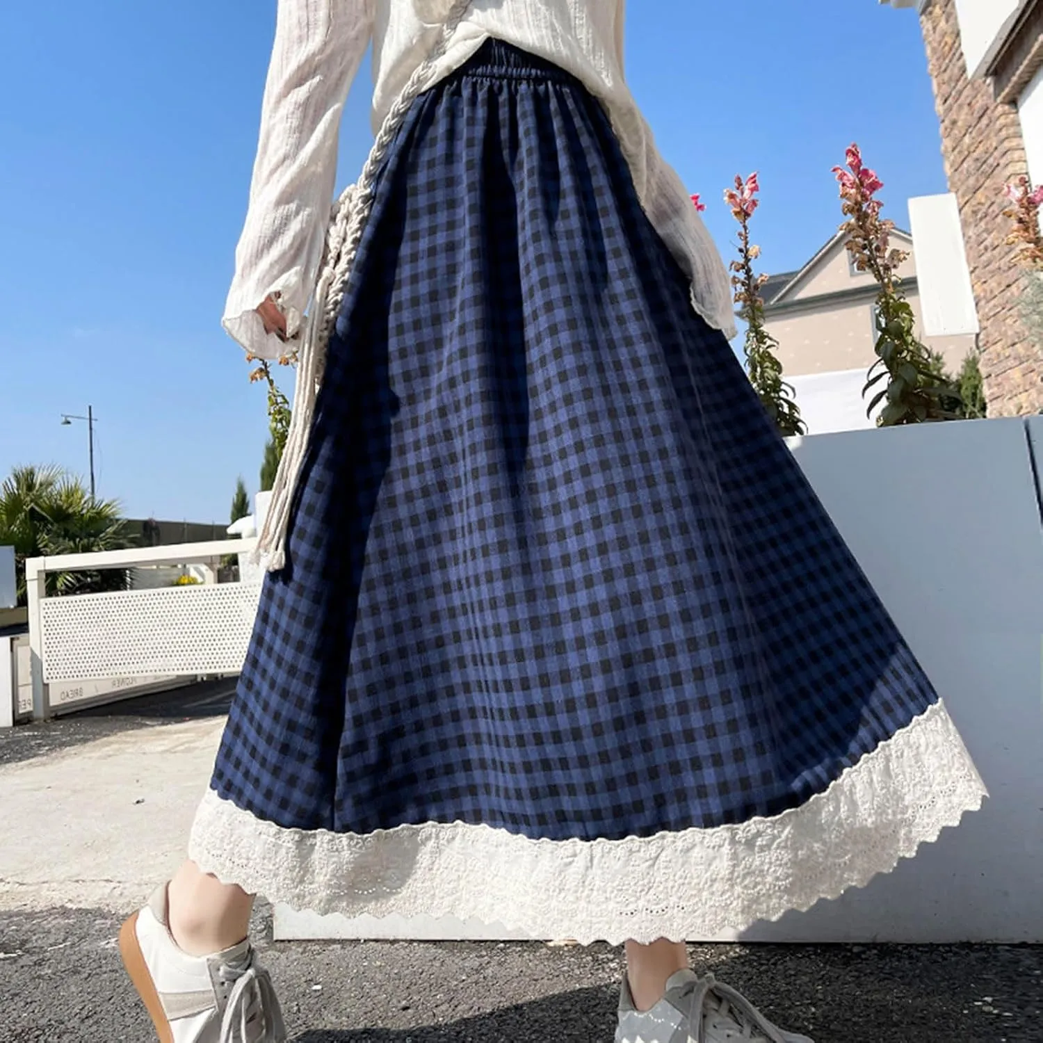 Women's Plaid Midi Skirt Summer Fashion Lace Trim Eyelet Patchwork Skirts Casual Loose Fit Tiered Layer A Line Skirt