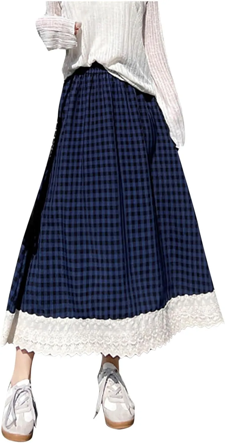 Women's Plaid Midi Skirt Summer Fashion Lace Trim Eyelet Patchwork Skirts Casual Loose Fit Tiered Layer A Line Skirt