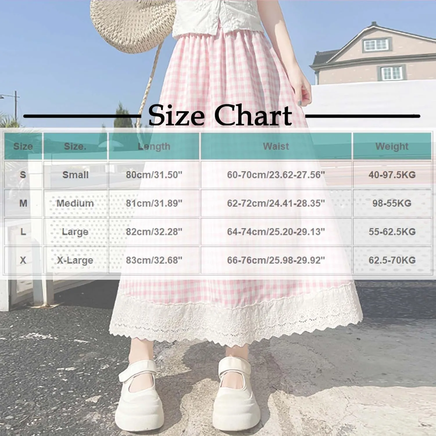 Women's Plaid Midi Skirt Summer Fashion Lace Trim Eyelet Patchwork Skirts Casual Loose Fit Tiered Layer A Line Skirt
