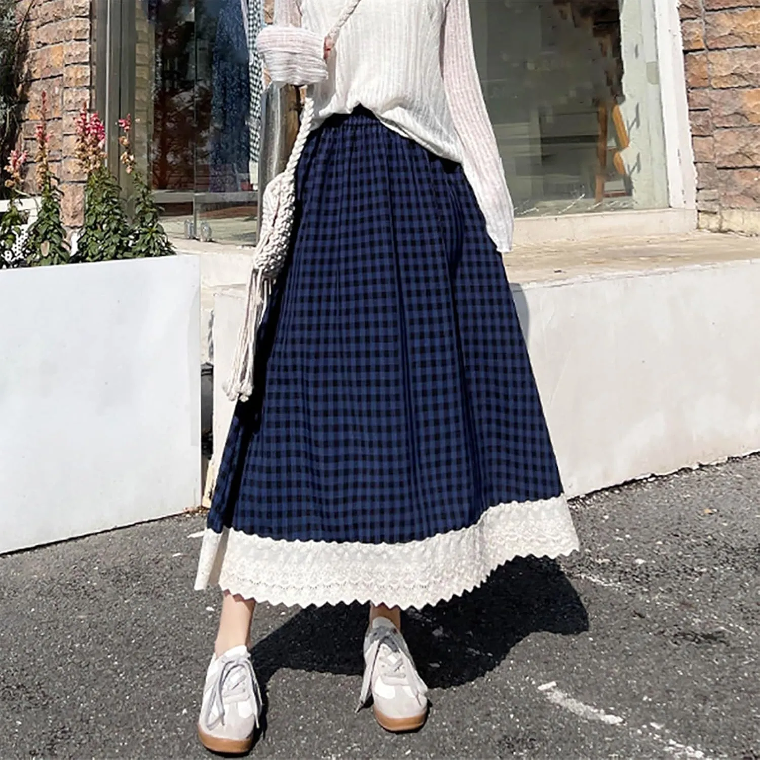 Women's Plaid Midi Skirt Summer Fashion Lace Trim Eyelet Patchwork Skirts Casual Loose Fit Tiered Layer A Line Skirt