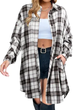 Womens Plaid Shacket Jacket Long Sleeve Button Down Shirt Oversized Lightweight Boyfriend Jacket Fall Fashion Coat
