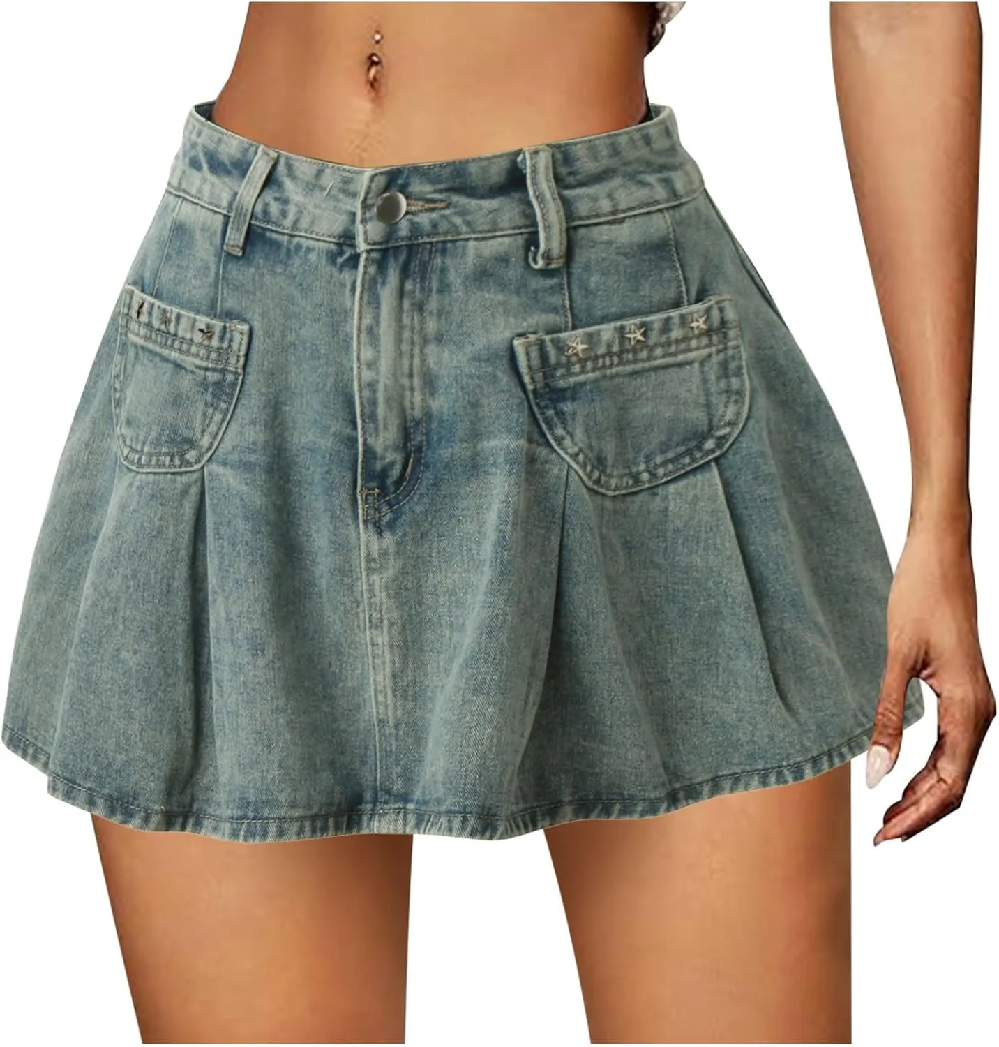 Women's Pleated Jean Skirt Denim Low Waist A Line Denim Mini Skirt Skorts Golf Skirts for Women