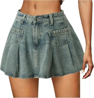 Women's Pleated Jean Skirt Denim Low Waist A Line Denim Mini Skirt Skorts Golf Skirts for Women