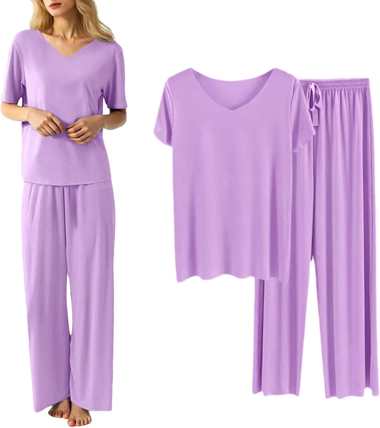 Womens Plus Size 2 Piece PJ Sets Sexy Lounge Sets Summer Short Sleeve Ice Silk Pajama Casual Wide Leg Comfy Sleepwear