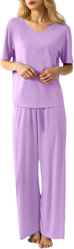Womens Plus Size 2 Piece PJ Sets Sexy Lounge Sets Summer Short Sleeve Ice Silk Pajama Casual Wide Leg Comfy Sleepwear