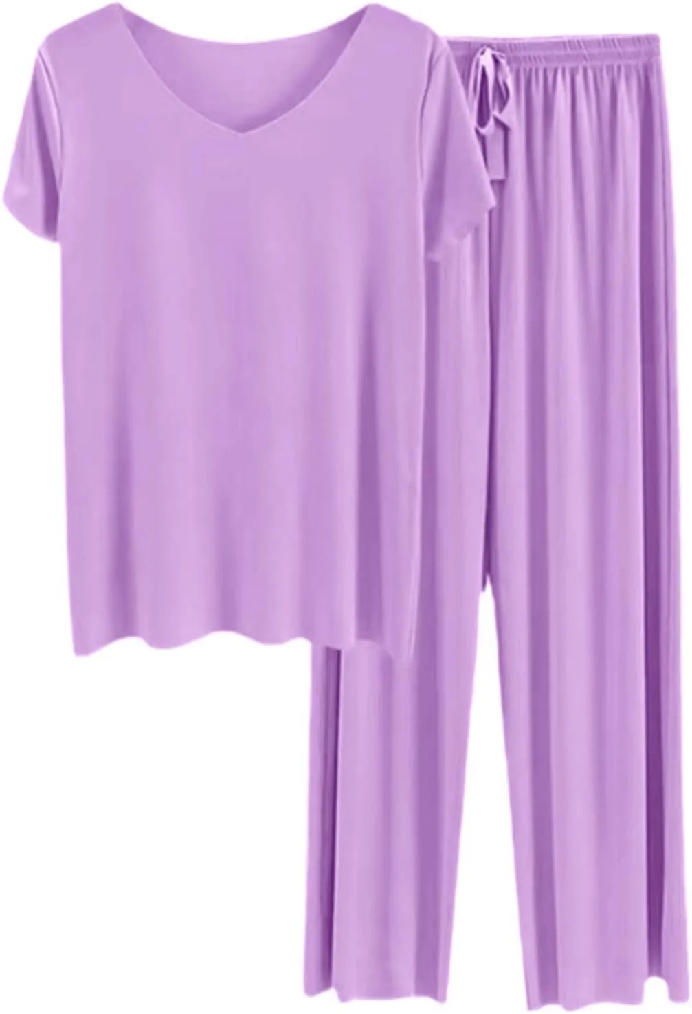 Womens Plus Size 2 Piece PJ Sets Sexy Lounge Sets Summer Short Sleeve Ice Silk Pajama Casual Wide Leg Comfy Sleepwear