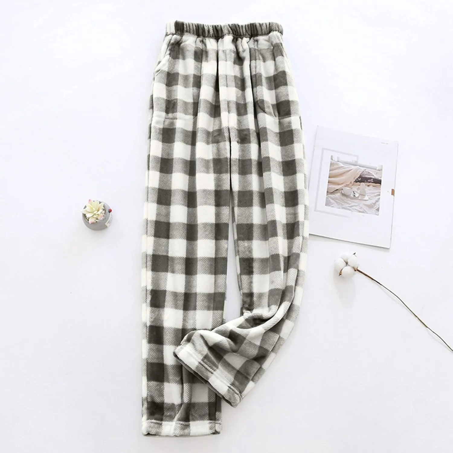 Women's Plush Fuzzy Pajama Pants Soft Fleece Wide Leg Loungewear Bottoms Stretch Drawstring Sleepwear with Pockets