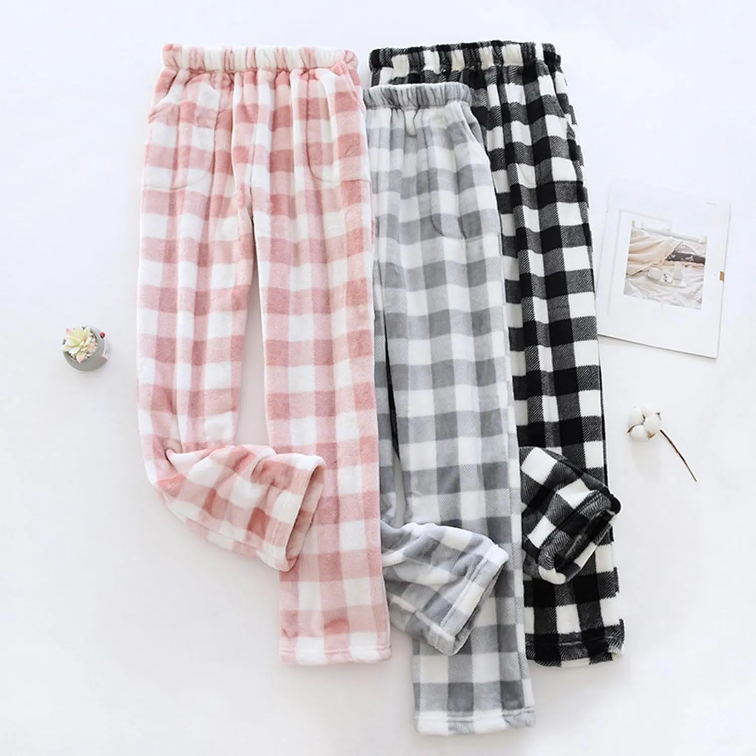 Women's Plush Fuzzy Pajama Pants Soft Fleece Wide Leg Loungewear Bottoms Stretch Drawstring Sleepwear with Pockets
