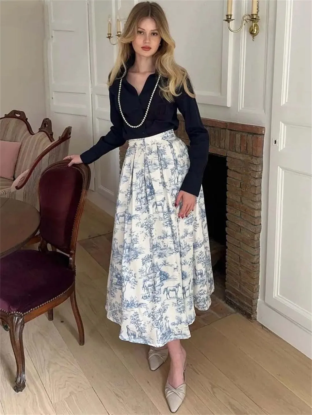 Women's Print Elegant High Waisted Pleated Skirts Casual Loose Mid-Calf Skirts