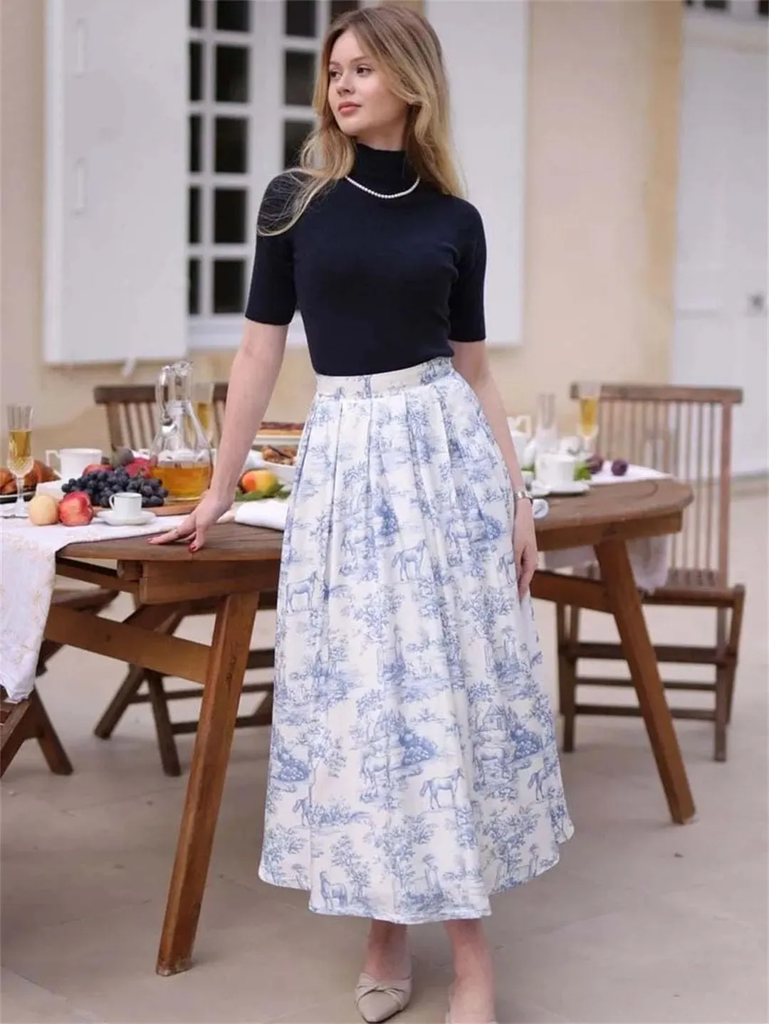 Women's Print Elegant High Waisted Pleated Skirts Casual Loose Mid-Calf Skirts