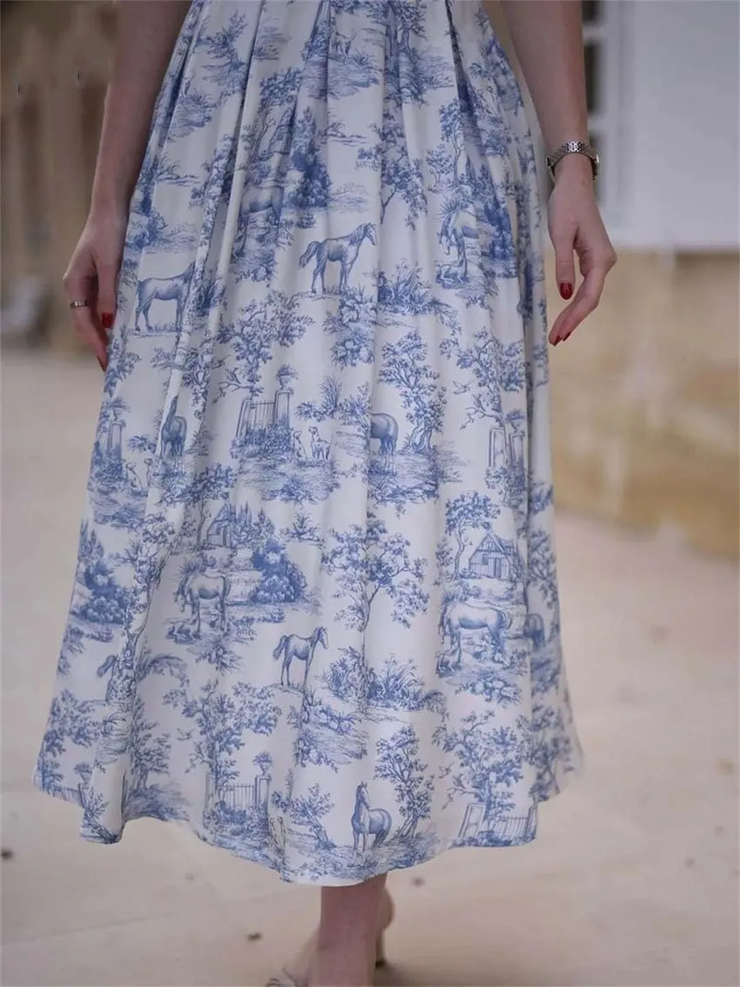Women's Print Elegant High Waisted Pleated Skirts Casual Loose Mid-Calf Skirts