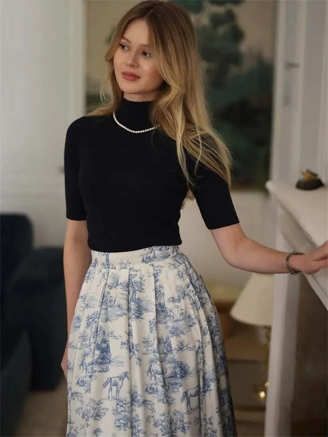 Women's Print Elegant High Waisted Pleated Skirts Casual Loose Mid-Calf Skirts