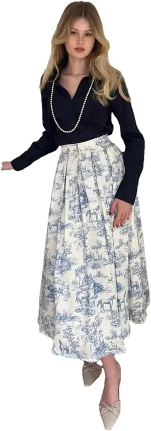 Women's Print Elegant High Waisted Pleated Skirts Casual Loose Mid-Calf Skirts