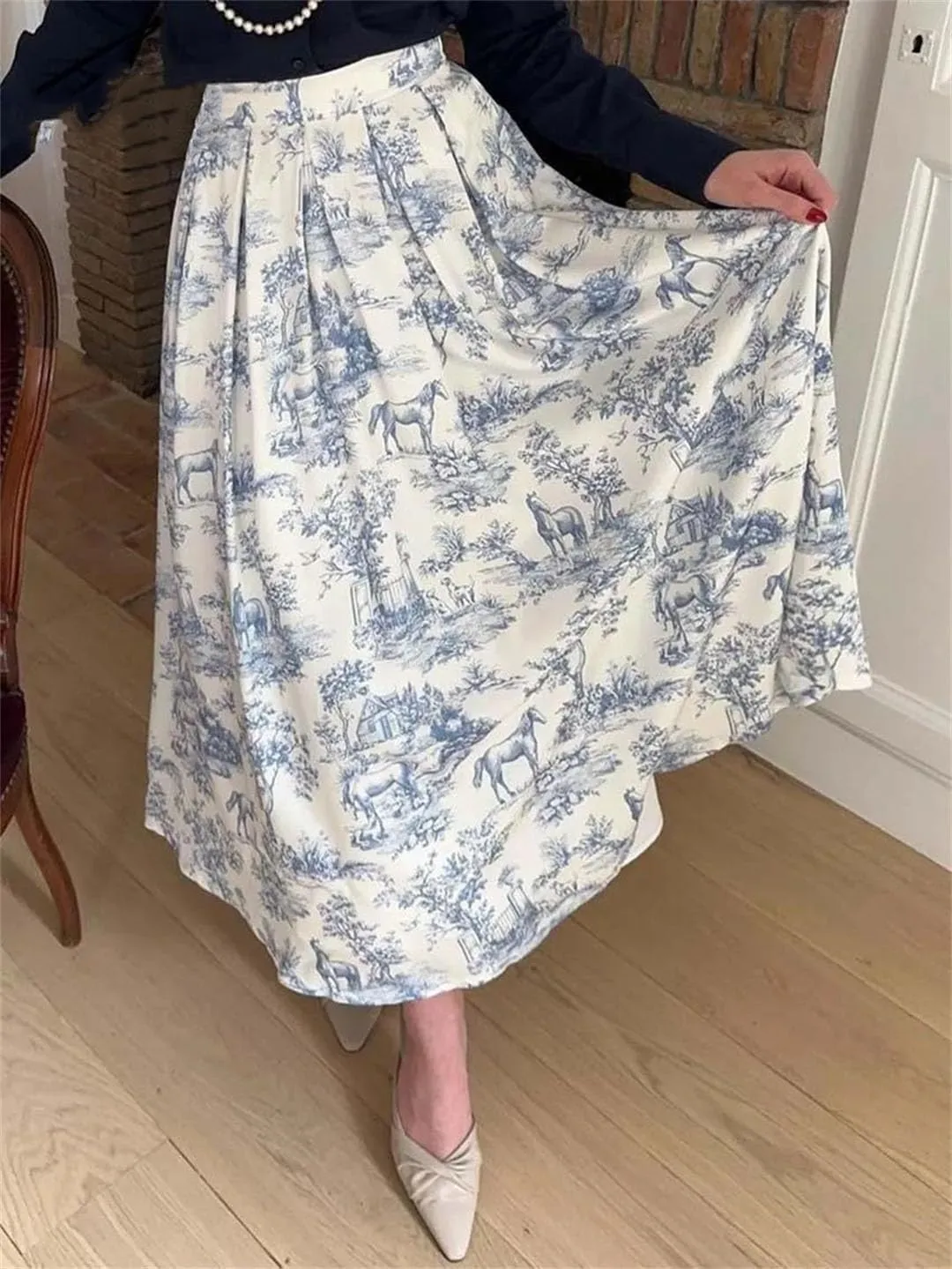 Women's Print Elegant High Waisted Pleated Skirts Casual Loose Mid-Calf Skirts