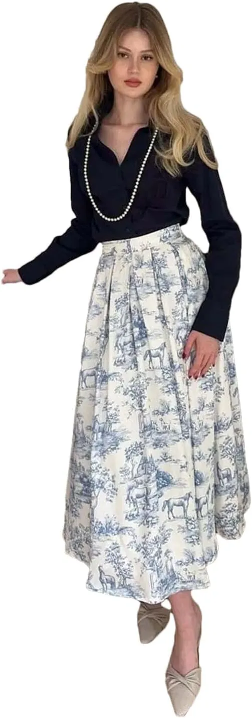 Women's Print Elegant High Waisted Pleated Skirts Casual Loose Mid-Calf Skirts