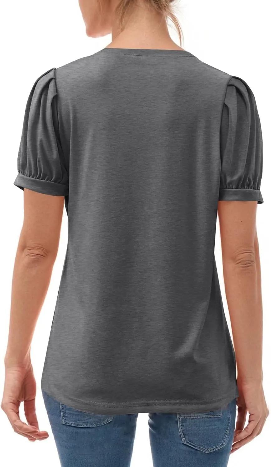 Womens Puff Short Sleeve Shirt Summer Casual Solid/Floral V Neck T Shirts Loose Fit Going Out Pullover Blouses