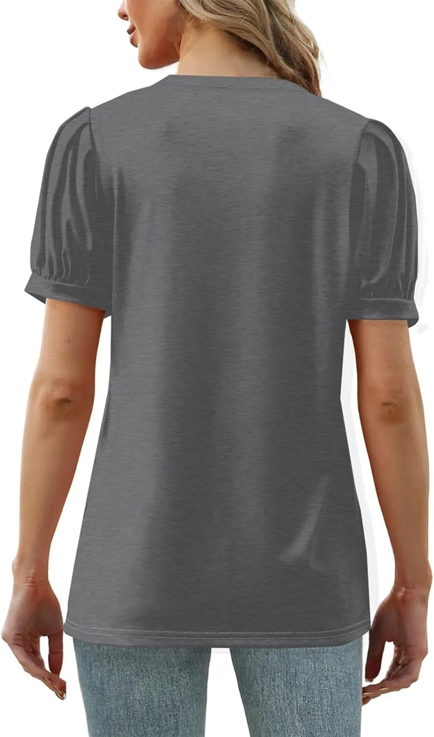 Womens Puff Short Sleeve Shirt Summer Casual Solid/Floral V Neck T Shirts Loose Fit Going Out Pullover Blouses