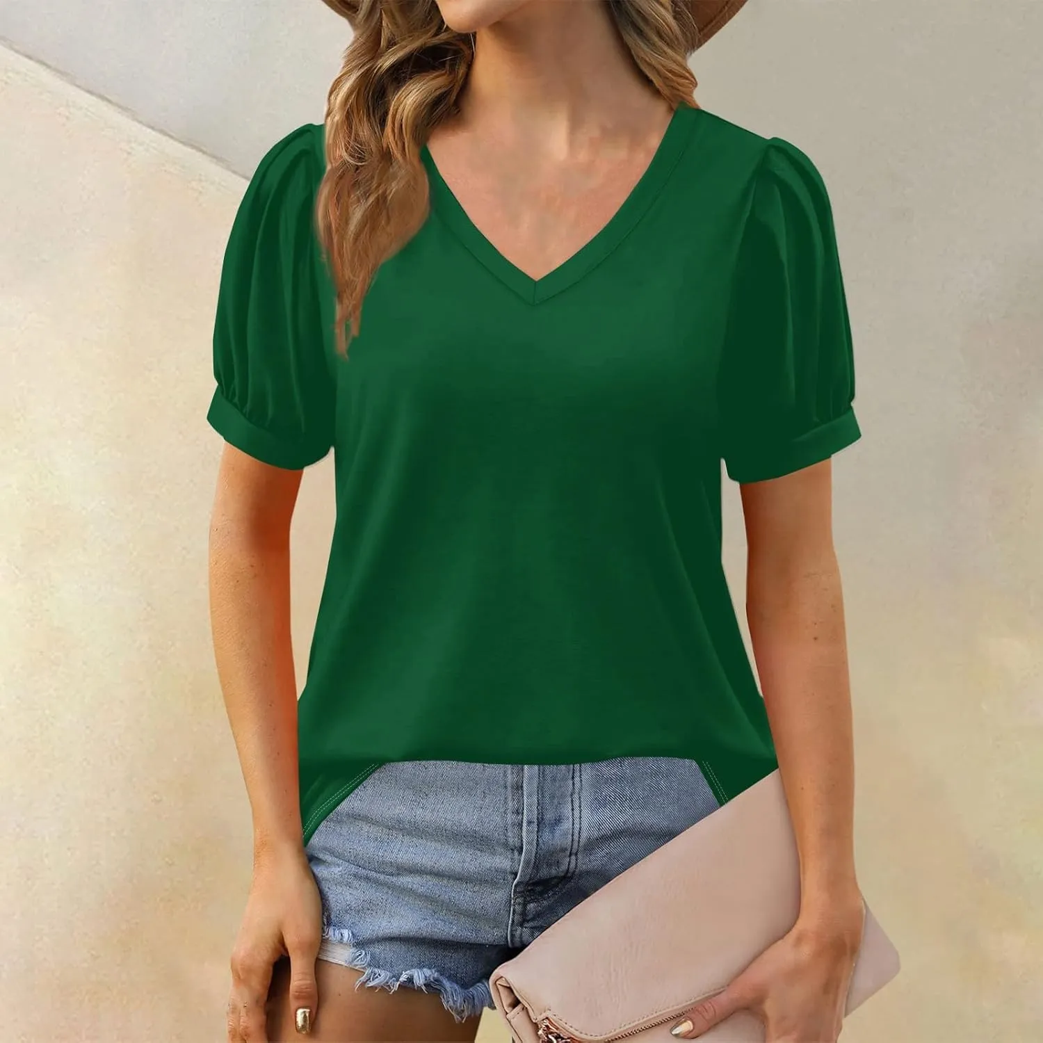 Womens Puff Short Sleeve Shirt Summer Casual Solid/Floral V Neck T Shirts Loose Fit Going Out Pullover Blouses