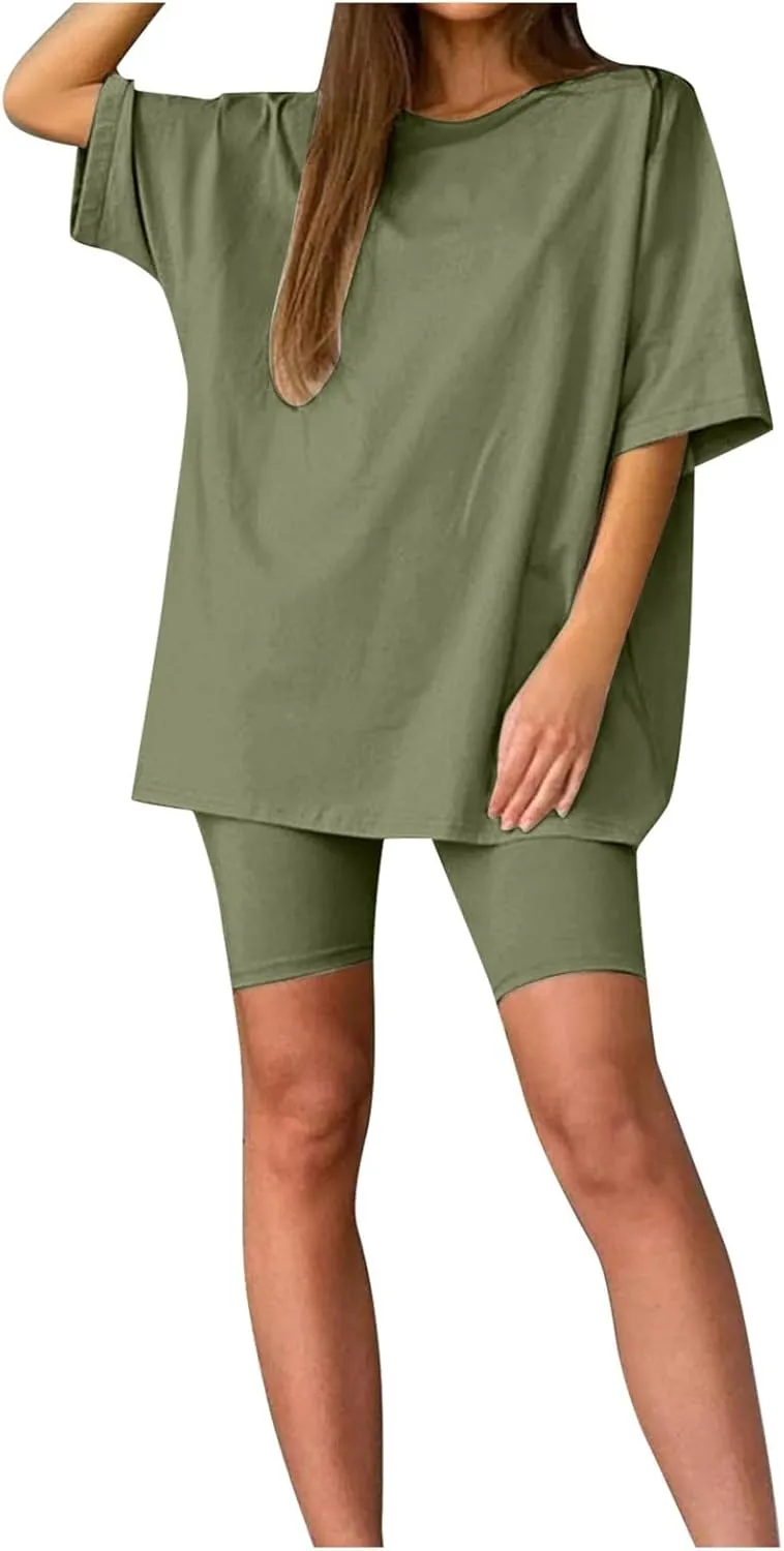 Women's Reversible 2 Piece Lounge Sets Summer Athleisure V-Neck T-Shirt & Biker Shorts Workout Set with Pockets