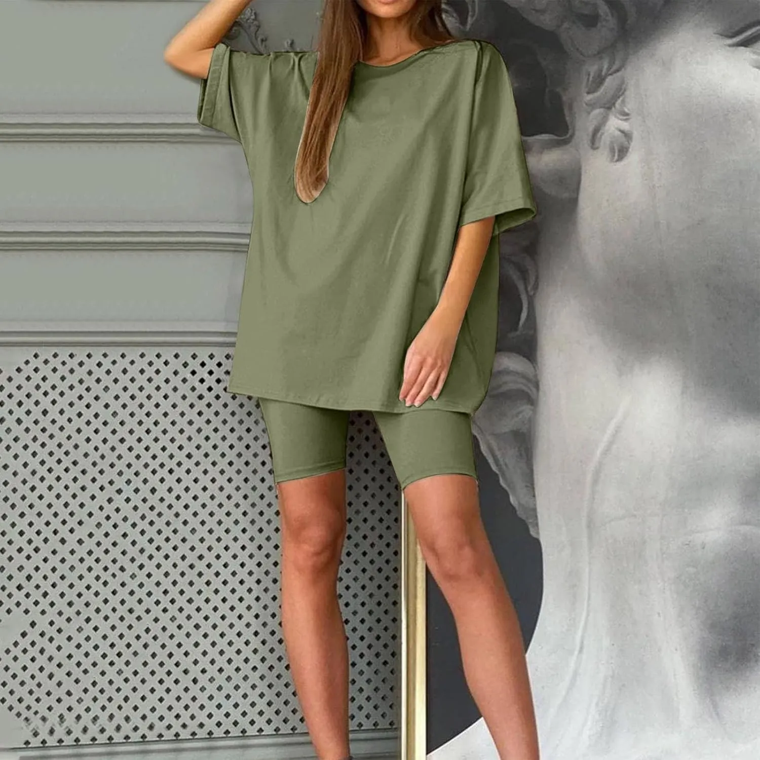 Women's Reversible 2 Piece Lounge Sets Summer Athleisure V-Neck T-Shirt & Biker Shorts Workout Set with Pockets