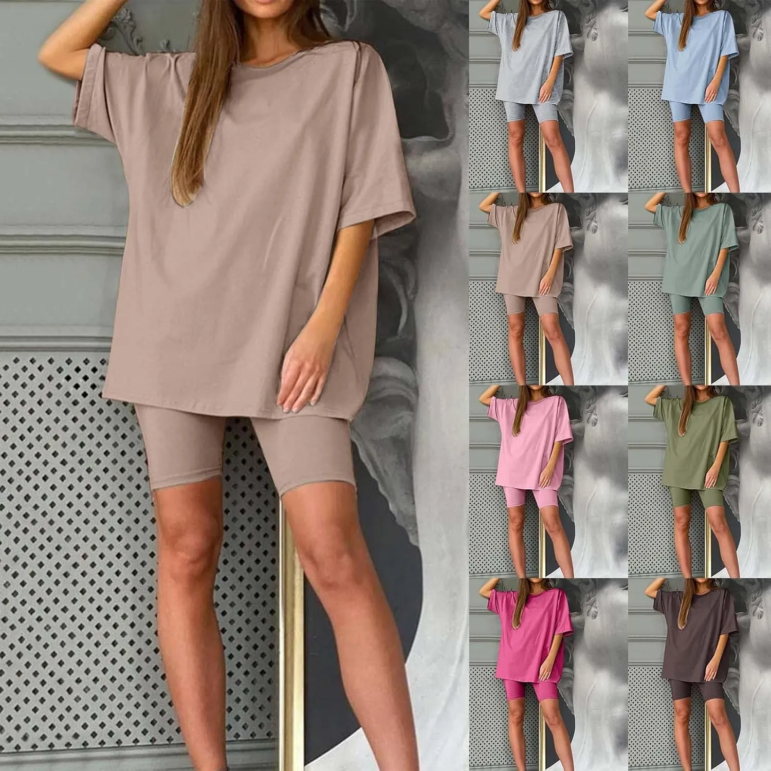 Women's Reversible 2 Piece Lounge Sets Summer Athleisure V-Neck T-Shirt & Biker Shorts Workout Set with Pockets